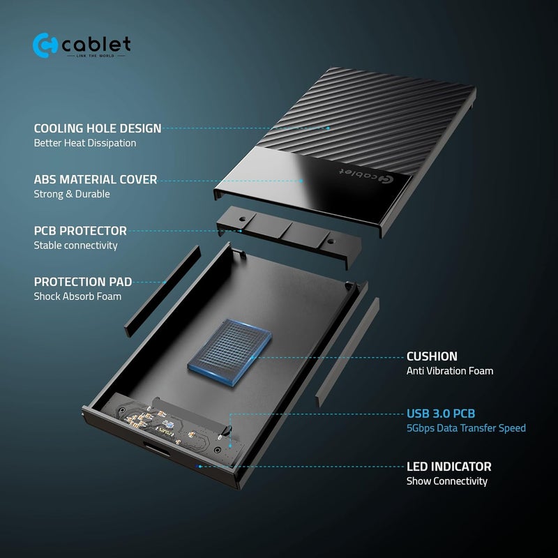 Cablet 2.5 Inch SATA USB 3.0 HDD/SSD 5Gbps Speed Portable External Enclosure for 7mm and 9.5mm, Tool-Free Design, Supports UASP Max 6TB - Image 2