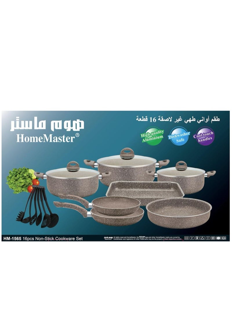 Home Master - 16-Piece Granite Pots and Pans Cookware Set with Nonstick Surfaces and Tempered Glass Lids Dishwasher Safe PFOA Free Marble Coated Stock Pot Nonstick Grill Pan Cake Dish Kitchen Tool Silicone Grip - Image 1