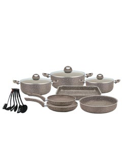 16-Piece Granite Pots and Pans Cookware Set with Nonstick Surfaces and Tempered Glass Lids Dishwasher Safe PFOA Free Marble Coated Stock Pot Nonstick Grill Pan Cake Dish Kitchen Tool Silicone Grip