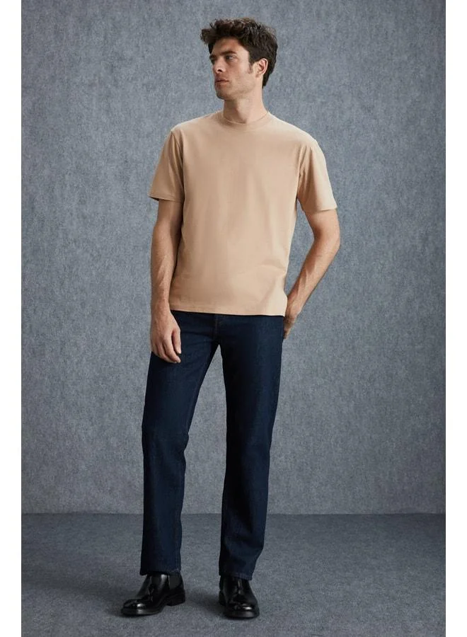 Grimelange Solo Men's 100% Organic Cotton Thick-Texture Comfort Fit Bike-Collar Beige T-Shirt.