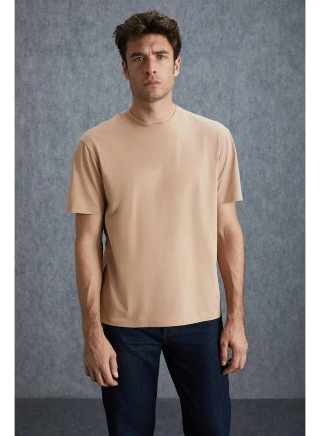 Grimelange Solo Men's 100% Organic Cotton Thick-Texture Comfort Fit Bike-Collar Beige T-Shirt.