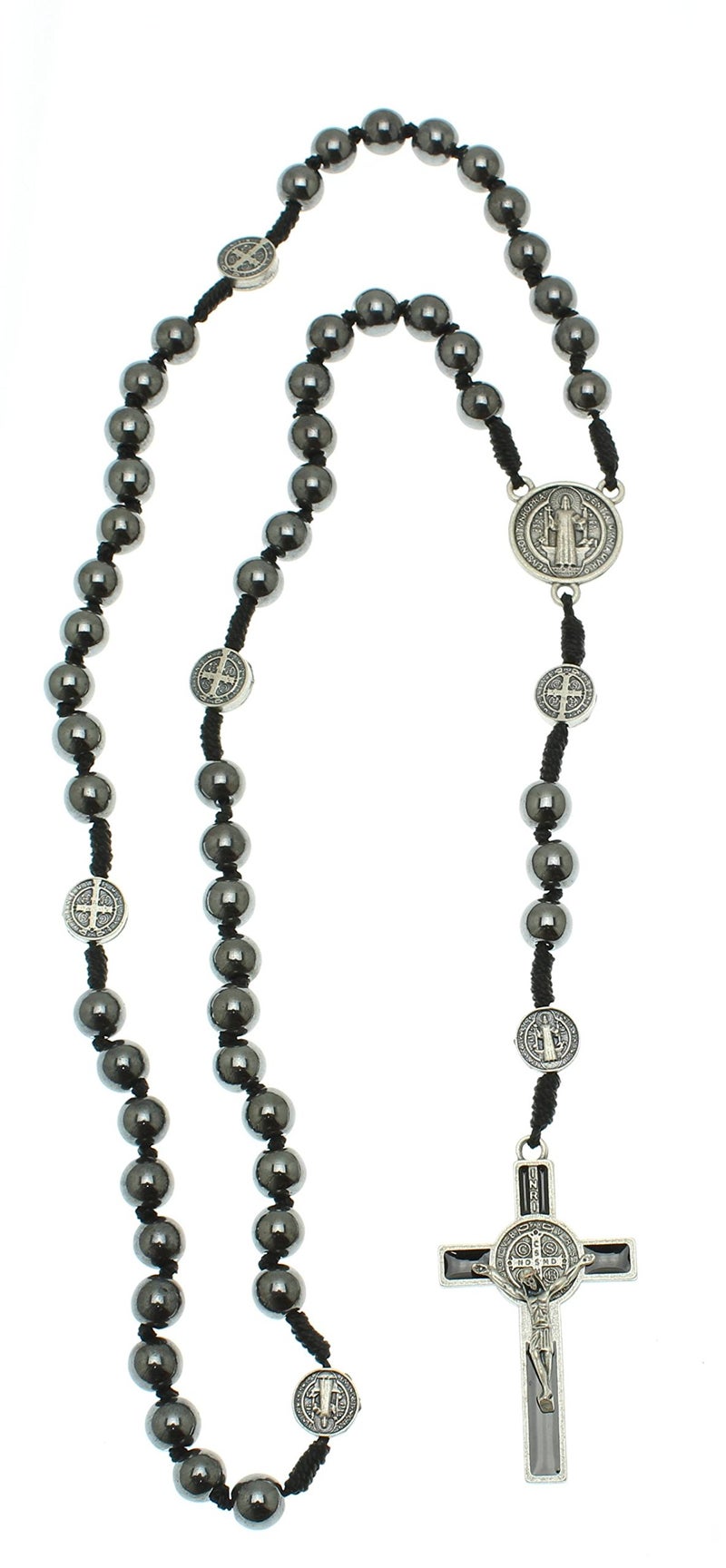Intercession Hematite Rosary - Made in Brazil (St Benedict - On Cord - 8mm Beads)