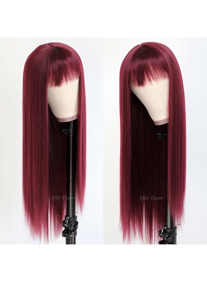 QD-Tizer Burgundy Red Wig Long Straight Synthetic Hair Wigs with Bangs Heat Resistant Synthetic No Lace Wigs for Fashion Women 24 inch - Image 4
