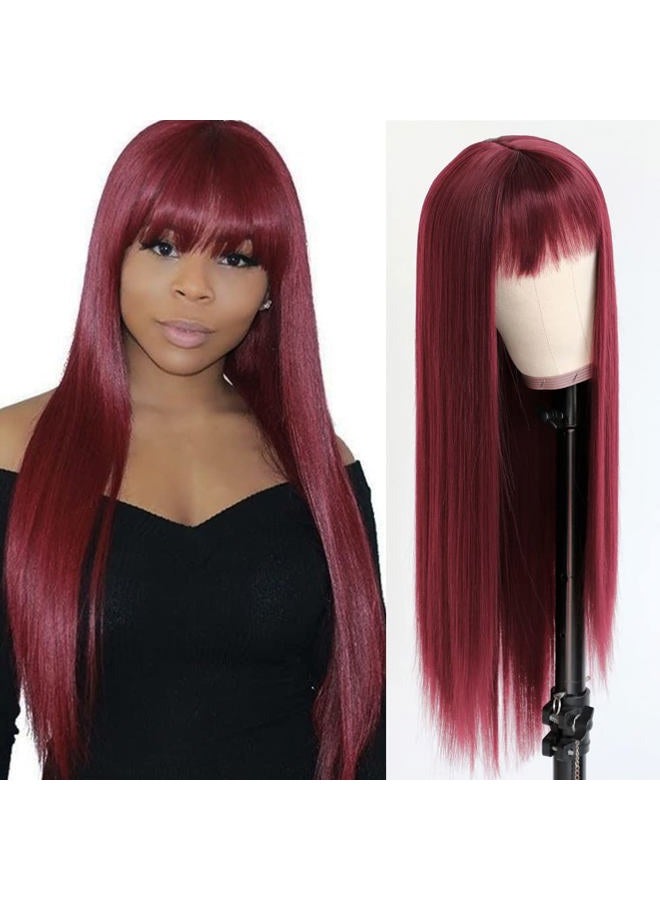 QD-Tizer Burgundy Red Wig Long Straight Synthetic Hair Wigs with Bangs Heat Resistant Synthetic No Lace Wigs for Fashion Women 24 inch - Image 1
