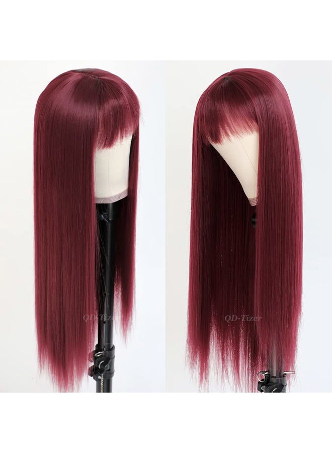 QD-Tizer Burgundy Red Wig Long Straight Synthetic Hair Wigs with Bangs Heat Resistant Synthetic No Lace Wigs for Fashion Women 24 inch - Image 2