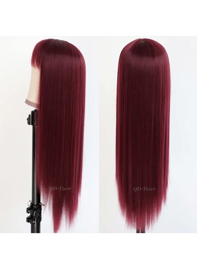 QD-Tizer Burgundy Red Wig Long Straight Synthetic Hair Wigs with Bangs Heat Resistant Synthetic No Lace Wigs for Fashion Women 24 inch - Image 5