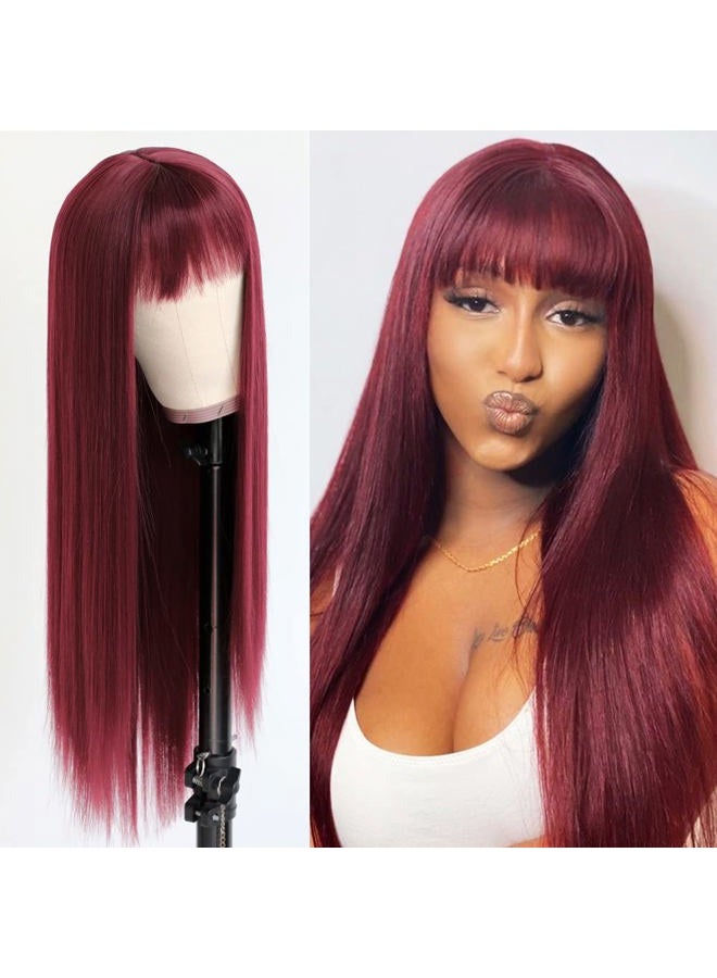 QD-Tizer Burgundy Red Wig Long Straight Synthetic Hair Wigs with Bangs Heat Resistant Synthetic No Lace Wigs for Fashion Women 24 inch - Image 3