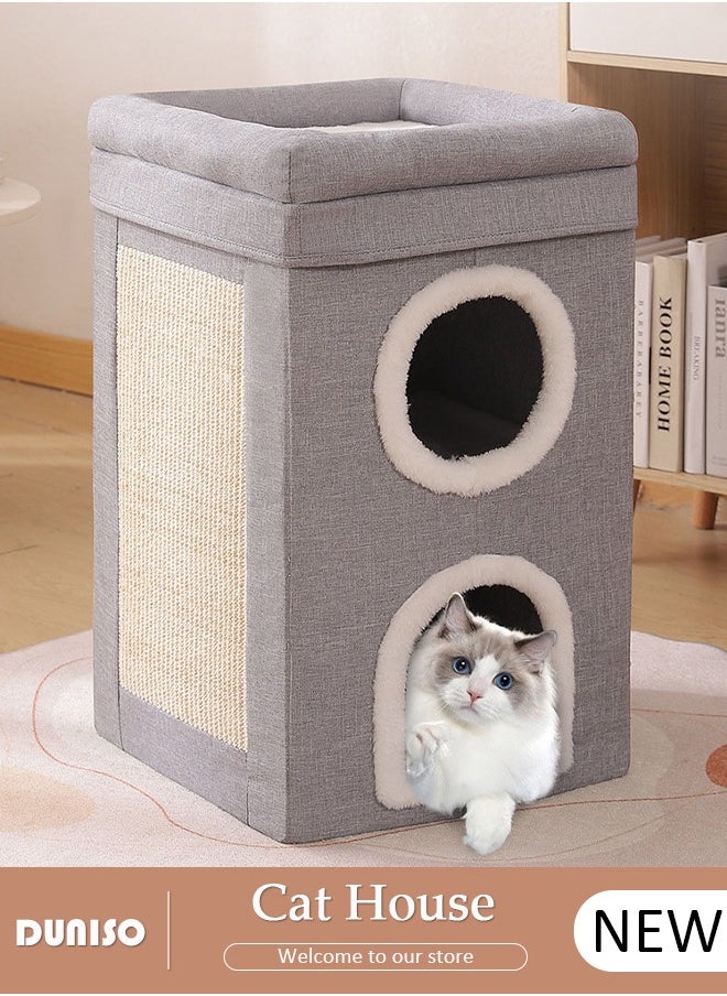DUNISO - Cat House for Indoor Cat, Cat Condo Bed,Round Window, 3 Layer Cat Bed with Scratch Pad and Hideaway Cube, Large Enclosed Cat Bed for Multi Cats Family - Image 1