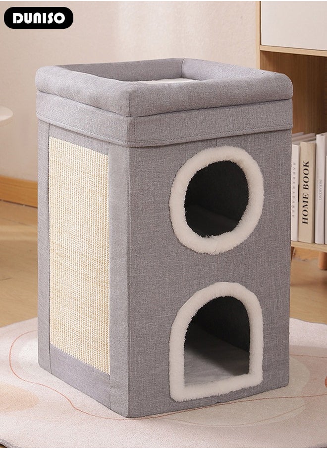 DUNISO - Cat House for Indoor Cat, Cat Condo Bed,Round Window, 3 Layer Cat Bed with Scratch Pad and Hideaway Cube, Large Enclosed Cat Bed for Multi Cats Family - Image 1