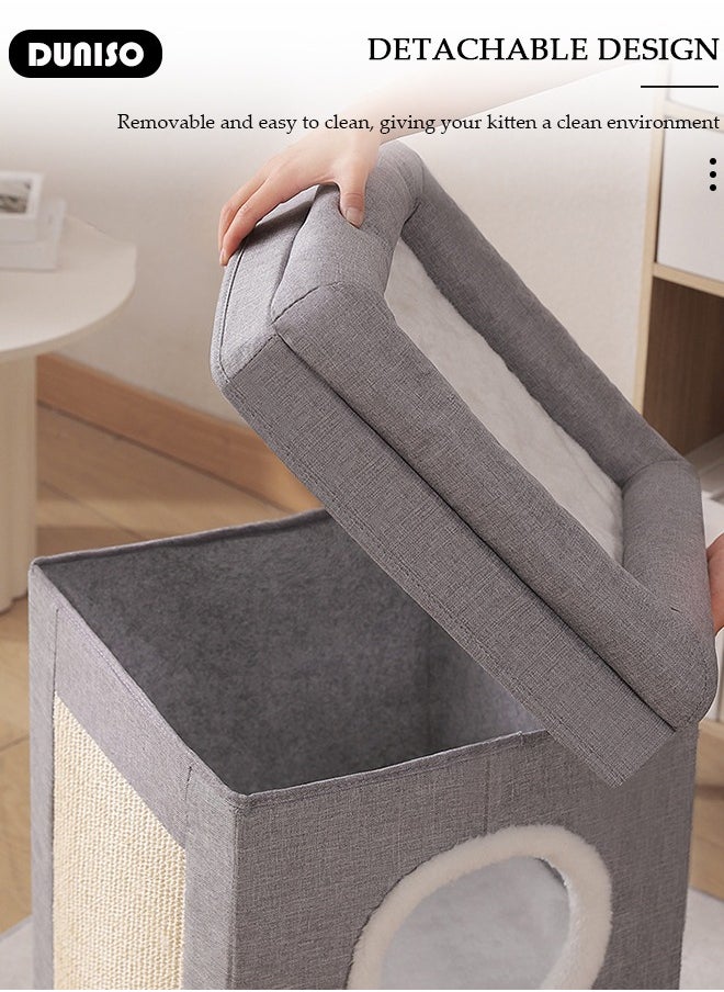 DUNISO - Cat House for Indoor Cat, Cat Condo Bed,Round Window, 3 Layer Cat Bed with Scratch Pad and Hideaway Cube, Large Enclosed Cat Bed for Multi Cats Family - Image 1
