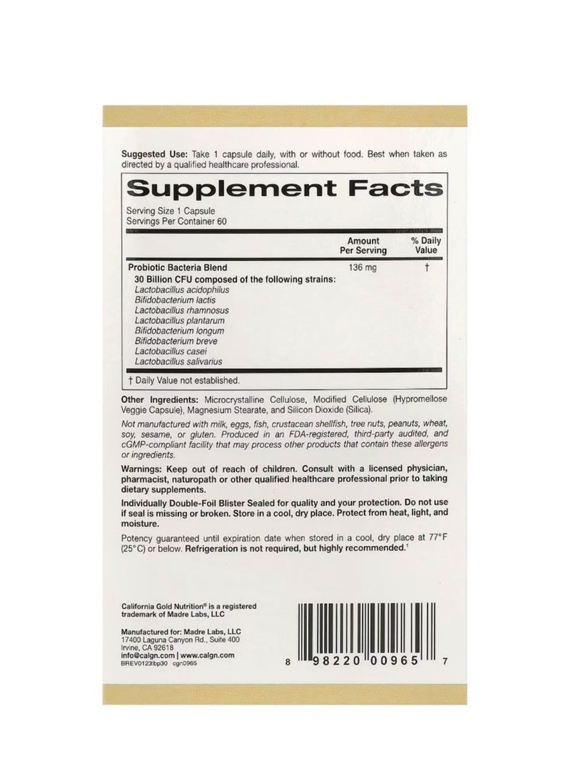 California Gold Nutrition LactoBif 30 Probiotic 30 Billion CFU 60 Veggie Capsules  - Image 2
