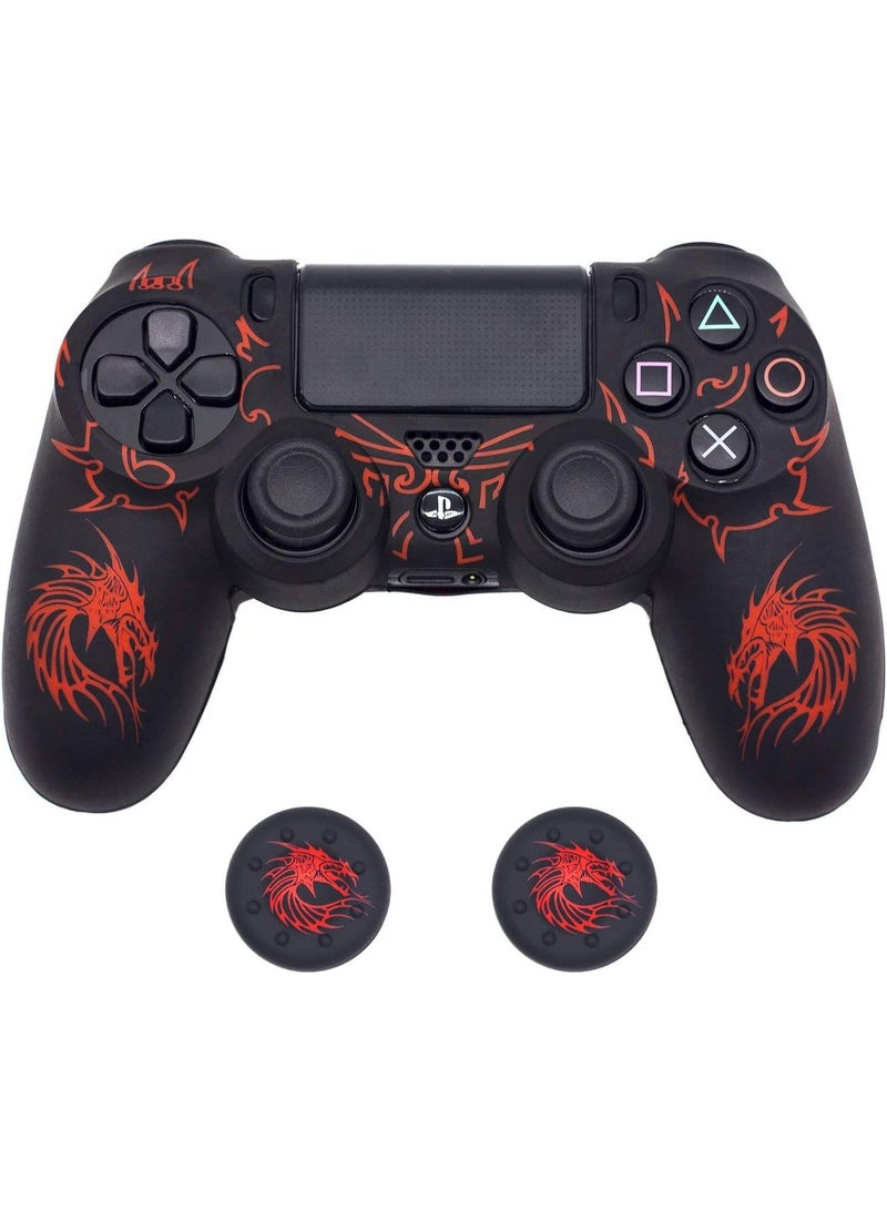 وحدة التحكم الجلد لـ PS4 ، ومكافحة الانزلاق قبضة السيليكون غطاء الحماية الحالة متوافقة مع PS4 رقيقة / PS4 برو اللاسلكي / سلكي وحدة التحكم لعبة مع 2 التنين نقش قبضة الإبهام قبضة قبعات - Image 1