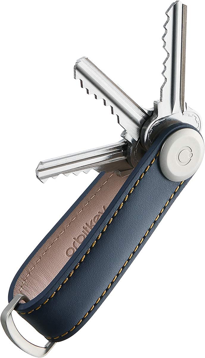 Orbitkey Leather Key Organizer | Durable, Stainless Steel Locking Mechanism, Slim & Quiet Profile | Holds up to 7 Keys, Navy with Tan Stitching - Image 1