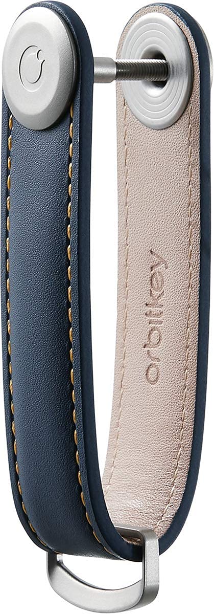 Orbitkey Leather Key Organizer | Durable, Stainless Steel Locking Mechanism, Slim & Quiet Profile | Holds up to 7 Keys, Navy with Tan Stitching - Image 2