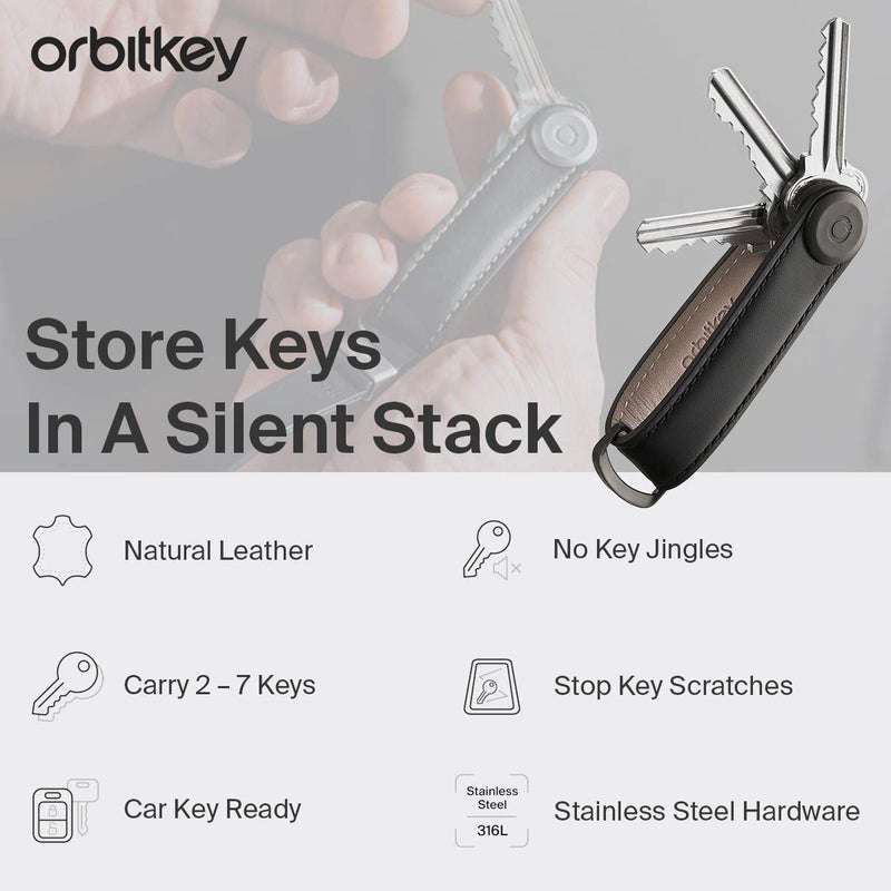 Orbitkey Leather Key Organizer | Durable, Stainless Steel Locking Mechanism, Slim & Quiet Profile | Holds up to 7 Keys, Navy with Tan Stitching - Image 4