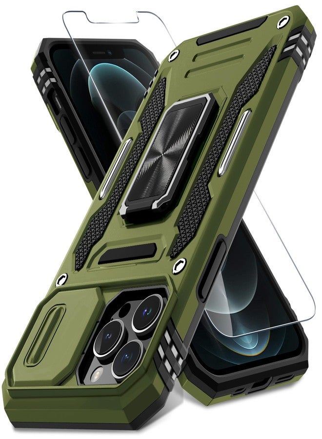 DEERLAMN جراب DEERLAMN لهاتف iPhone 12 Pro Max مع غطاء كاميرا منزلق + واقي شاشة (عبوة واحدة)، غطاء حماية مقاوم للصدمات بحلقة دوارة، بمواصفات عسكرية، مقاس 6.7 بوصة - أخضر زيتوني - Image 1