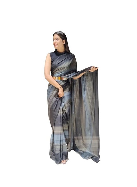 Women's Chiffon Georgette Ready To Wear Draped Saree With Unstitched Blouse Piece (Free Size)