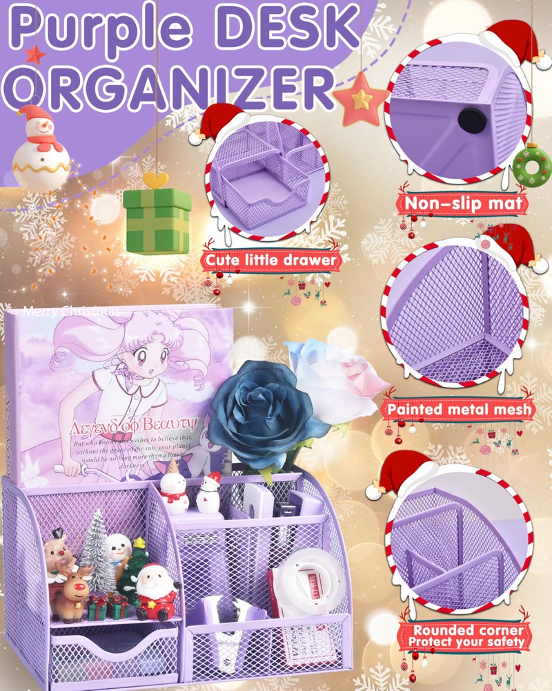 LXEVIHK Purple Desk Accessories, 26Pcs Office Supplies and Desk Organizers, with Tape Dispenser, Stapler, Staple Remover Ect, Gift Box Packaging - Image 2