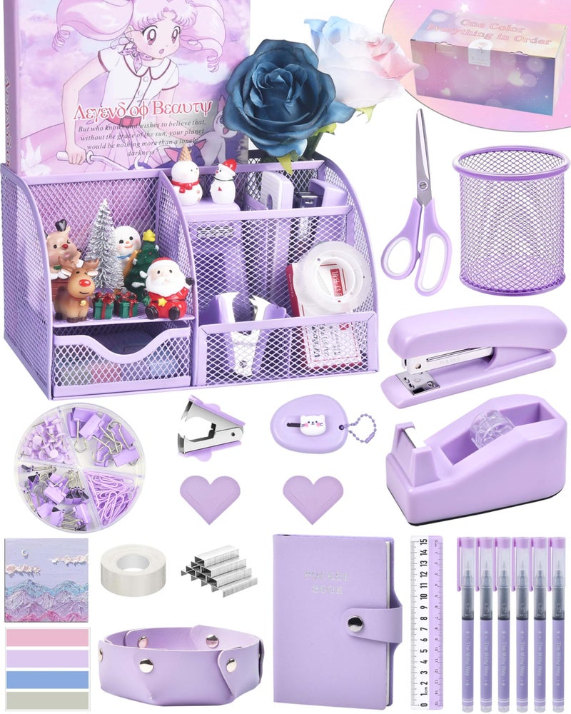 LXEVIHK Purple Desk Accessories, 26Pcs Office Supplies and Desk Organizers, with Tape Dispenser, Stapler, Staple Remover Ect, Gift Box Packaging - Image 1