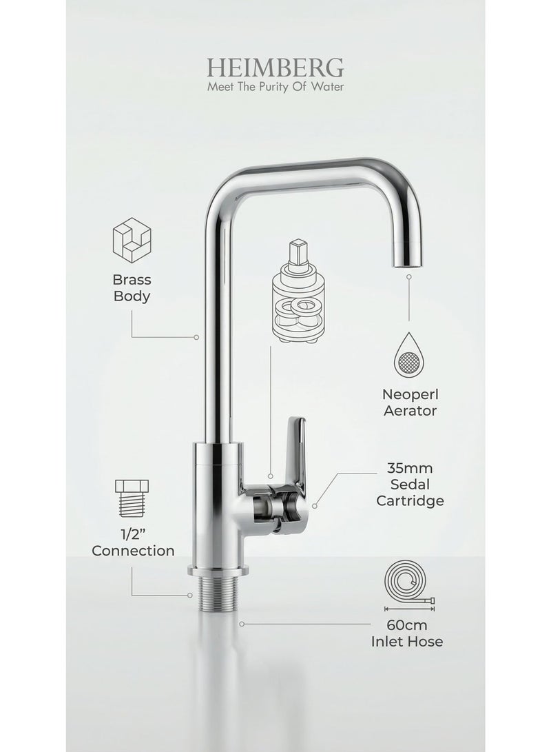 Heimberg Lutz Kitchen Sink Mixer Tap – Single Lever, 35mm Sedal Cartridge, Neoperl Aerator, High Pressure Bathroom & Kitchen Faucet - Image 2