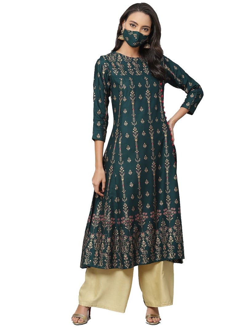 Yash Gallery Women's Rayon Floral Printed Anarkali Kurta for Women (1247YKGREEN_Green_X-Small) - Image 1