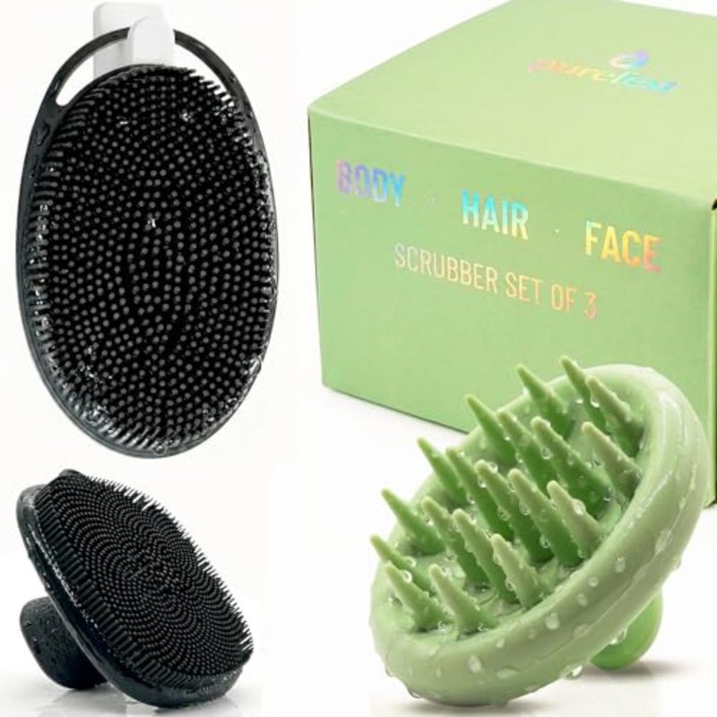 3-in-1 Silicone Scrubber Set Exfoliating Body Scrubber, Scalp Massager Shampoo Brush and Facial Cleansing Pad Hygienic Shower Loofah Alternative for Men and Women 3 Pack - Image 1