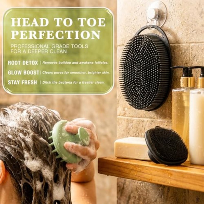 3-in-1 Silicone Scrubber Set Exfoliating Body Scrubber, Scalp Massager Shampoo Brush and Facial Cleansing Pad Hygienic Shower Loofah Alternative for Men and Women 3 Pack - Image 2