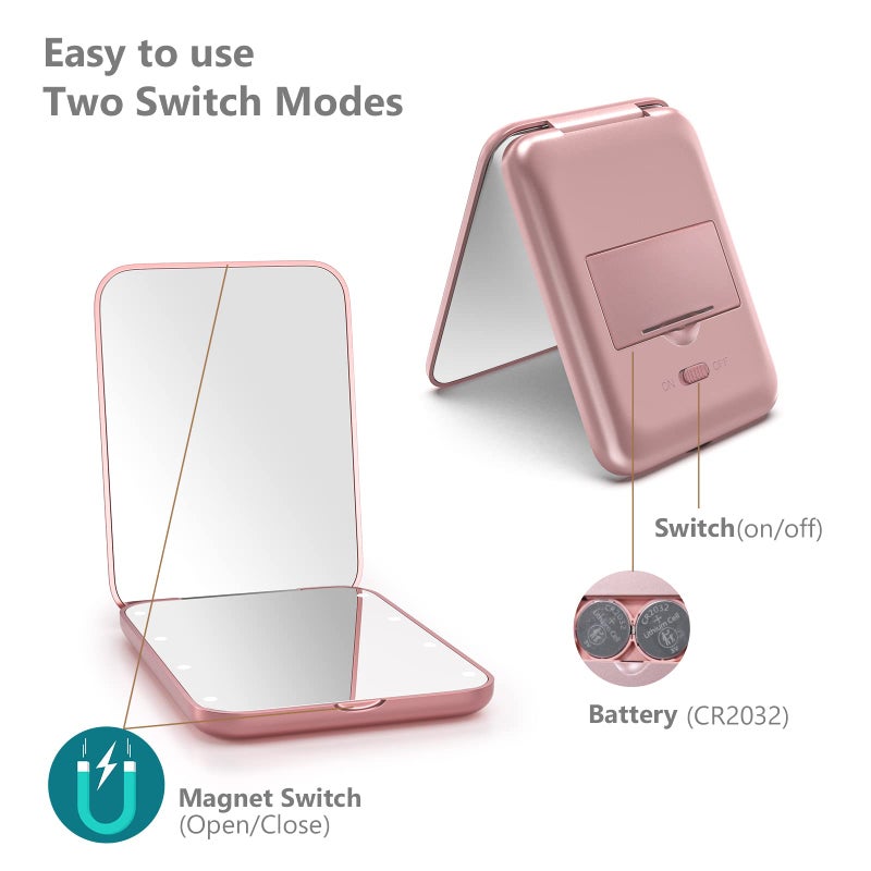 Kintion Pocket Mirror, 1X/3X Magnification LED Compact Travel Makeup Mirror with Light for Purse, 2-Sided, Portable, Folding, Handheld, Small Lighted Mirror for Gift, Rose Gold - Image 5