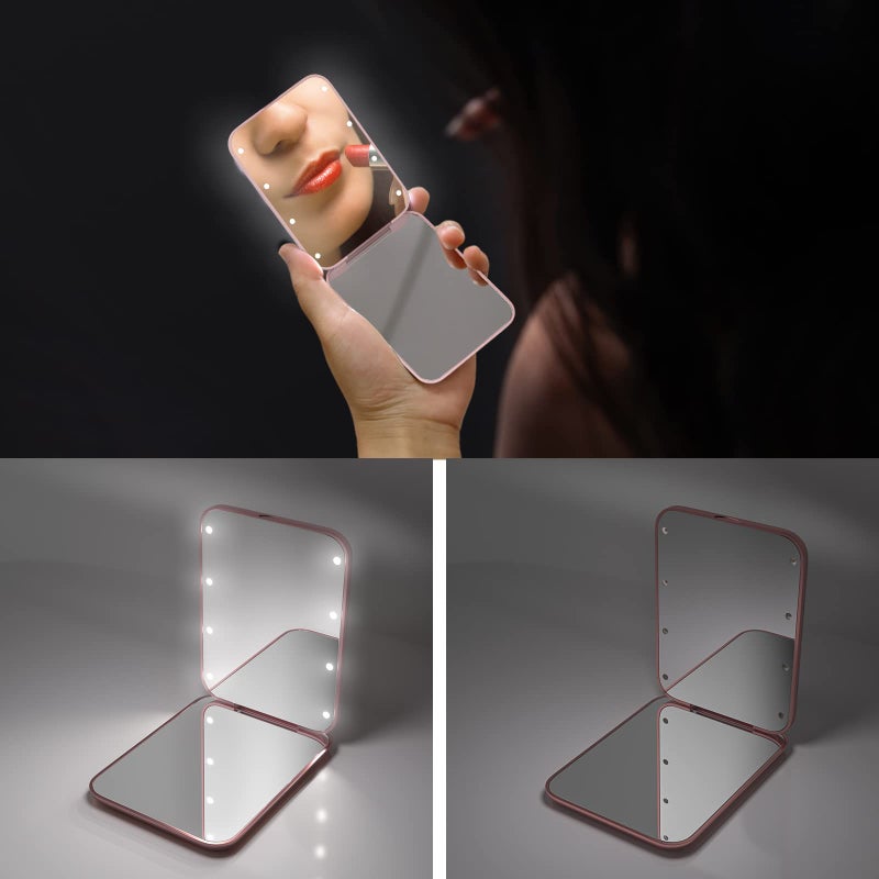 Kintion Pocket Mirror, 1X/3X Magnification LED Compact Travel Makeup Mirror with Light for Purse, 2-Sided, Portable, Folding, Handheld, Small Lighted Mirror for Gift, Rose Gold - Image 2