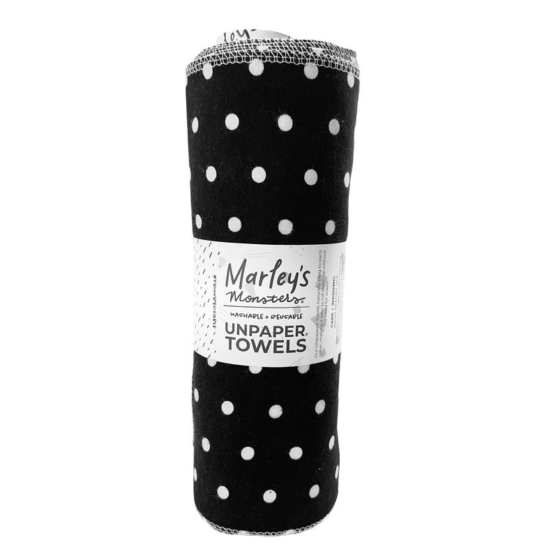 Marley's Monsters مناديل مارليز مونسترز غير الورقية 24 قطعة لفة مناديل ورقية قابلة لإعادة الاستخدام خالية من الأشجار القطنية باللونين الأسود والأبيض بنقاط