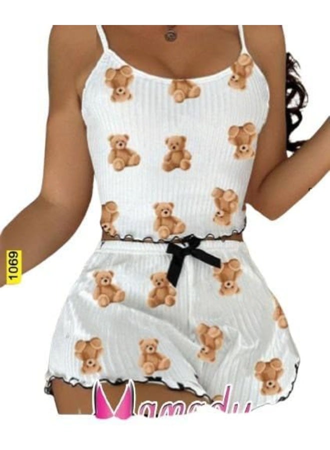 هنادى بيجامة هوت شورت نسائية قطن ريب مضلع برسمة دبدوب ناعمة ومريحة وان سايز يناسب حتى 80 كيلو تصميم لطيف Hn 1069 - Image 2