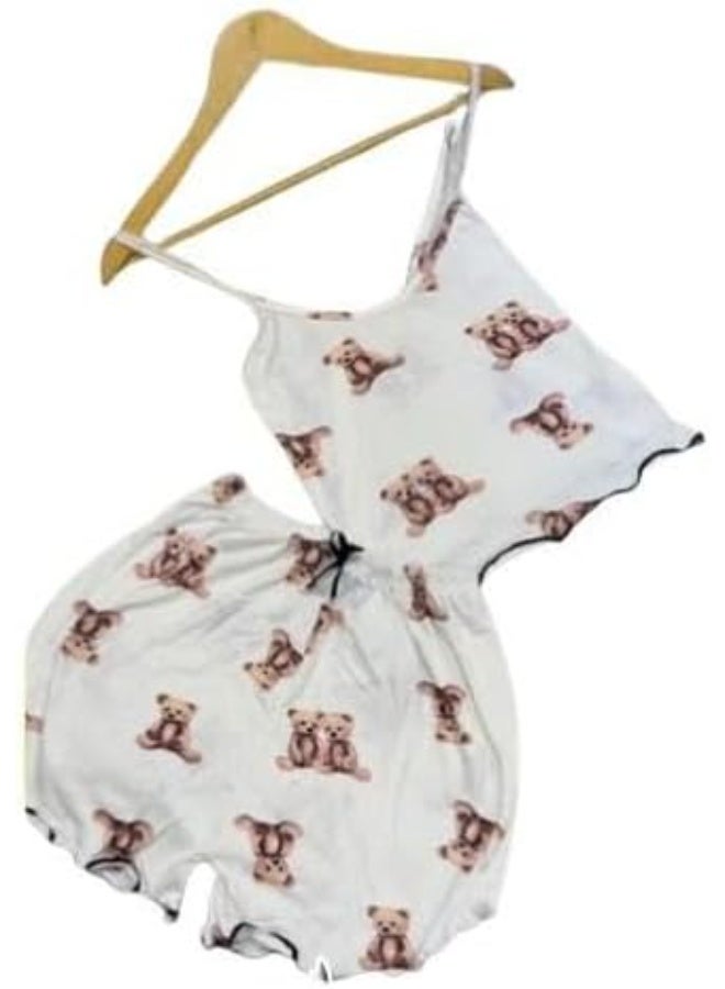 هنادى بيجامة هوت شورت نسائية قطن ريب مضلع برسمة دبدوب ناعمة ومريحة وان سايز يناسب حتى 80 كيلو تصميم لطيف Hn 1069 - Image 1