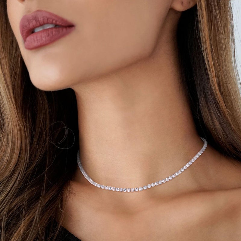 Robaice Tennis Necklace for Women, Silver Plated Rhinestone Choker Necklace for Women, Dainty Cubic Zirconia Cut Faux Diamond Chain 2mm - Image 3