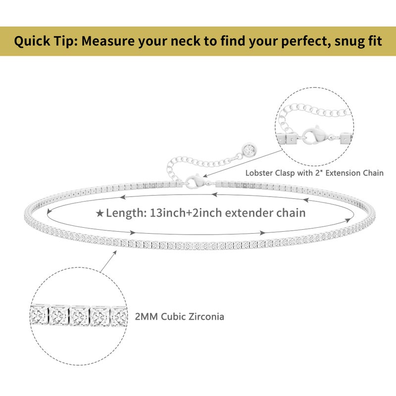 Robaice Tennis Necklace for Women, Silver Plated Rhinestone Choker Necklace for Women, Dainty Cubic Zirconia Cut Faux Diamond Chain 2mm - Image 5