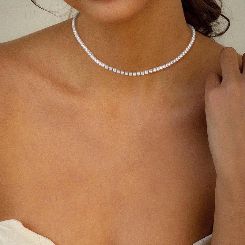Robaice Tennis Necklace for Women, Silver Plated Rhinestone Choker Necklace for Women, Dainty Cubic Zirconia Cut Faux Diamond Chain 2mm - Image 4