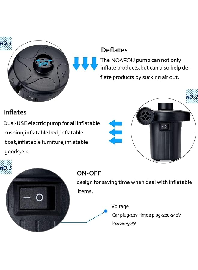 NOAEOU Electric Air Pump For Inflatables Air Mattress Pump Air Quick Electric Air Pump Perfect Inflator/Deflator Pumps For Outdoor Camping Inflatable Cushions Air Mattress Beds Boats Swimming Ring - Image 2