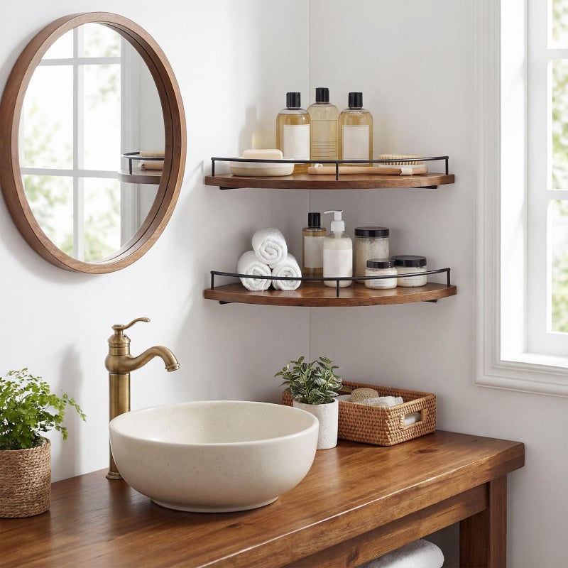 BrightRow Corner Shelves Wall Mount Set of 4 Rustic Wood Corner Floating Shelves Wall Mount Hanging Storage Shelf with Wire Hole for Home Bathroom Living Room Kitchen - Image 5