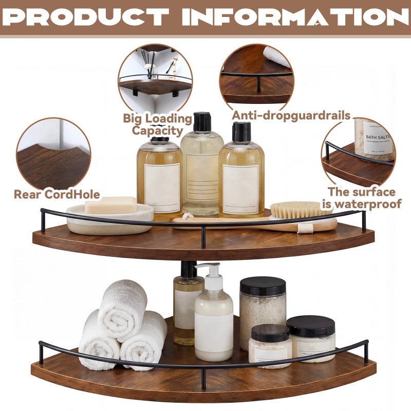 BrightRow Corner Shelves Wall Mount Set of 4 Rustic Wood Corner Floating Shelves Wall Mount Hanging Storage Shelf with Wire Hole for Home Bathroom Living Room Kitchen - Image 3
