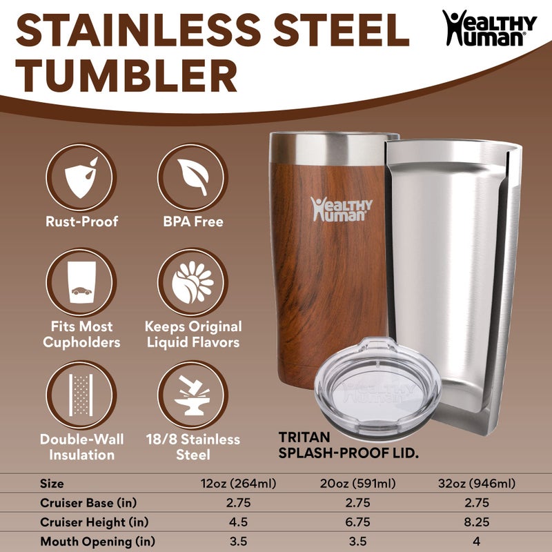 Healthy Human Stainless Steel Tumbler with Straw | Splash Proof Insulated Travel Cruiser Cup | Eco-Friendly Coffee Tumblers with Straws Cleaner & Splash Proof Lid (12oz  Harvest Maple) - Image 2
