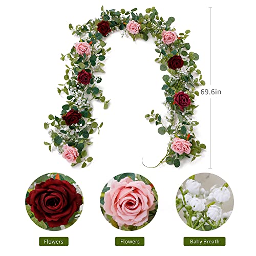 Anna's Whimsy 5.91FT Artificial Eucalyptus Garland with Flowers, Fake Rose Gypsophila, Faux Floral Garland Greenery for Wedding Spring Party Art Table Runner Decor (Pink, 1) - Image 2