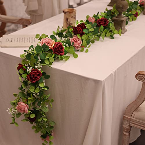 Anna's Whimsy 5.91FT Artificial Eucalyptus Garland with Flowers, Fake Rose Gypsophila, Faux Floral Garland Greenery for Wedding Spring Party Art Table Runner Decor (Pink, 1) - Image 5