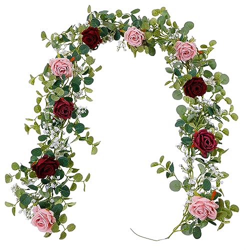 Anna's Whimsy 5.91FT Artificial Eucalyptus Garland with Flowers, Fake Rose Gypsophila, Faux Floral Garland Greenery for Wedding Spring Party Art Table Runner Decor (Pink, 1) - Image 1
