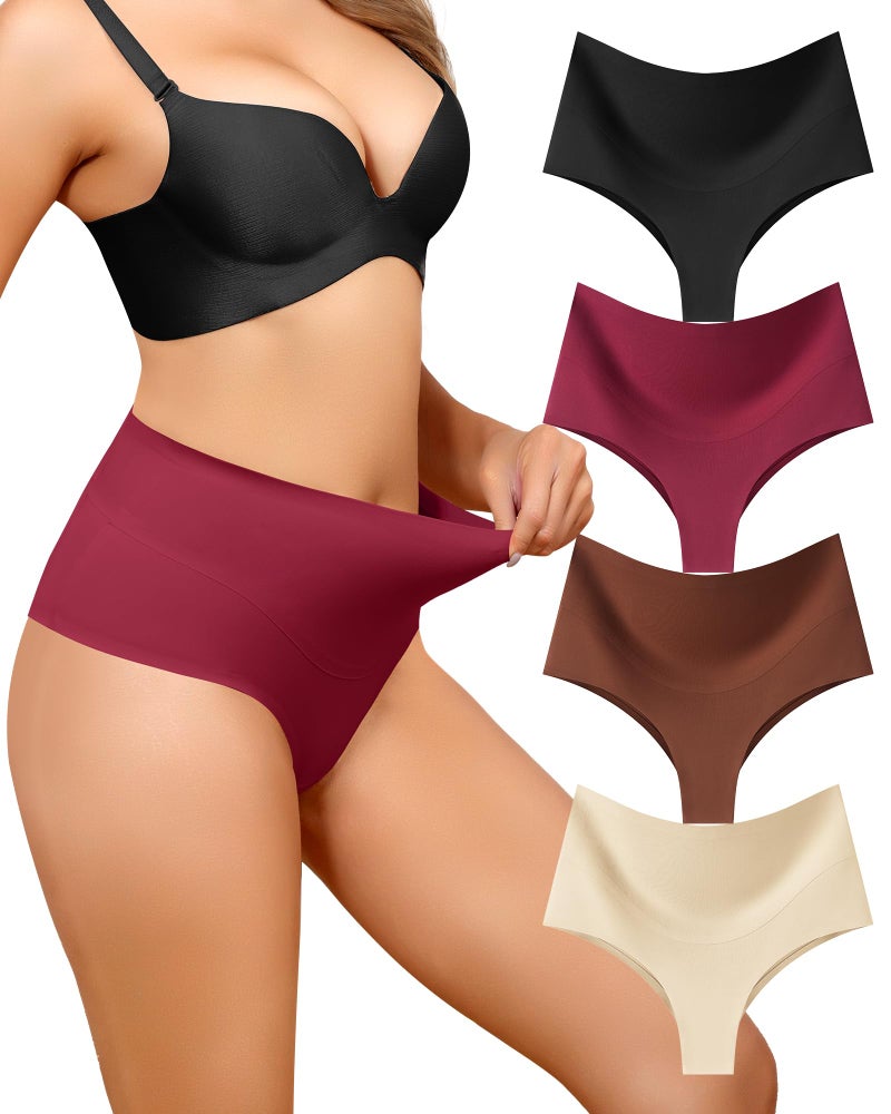 LEVAO High-Waist Thong Shapewear for Women â€“ Tummy Control Seamless Brazilian Panties, No Show, Postpartum Underwear, 4-Pack - Image 1