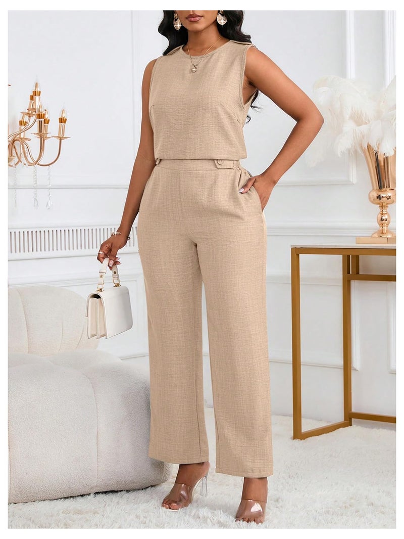 Floerns Women's 2 Piece Outfit Crew Neck Sleeveless Blouse and Dressy Pants Set Khaki Large - Image 2