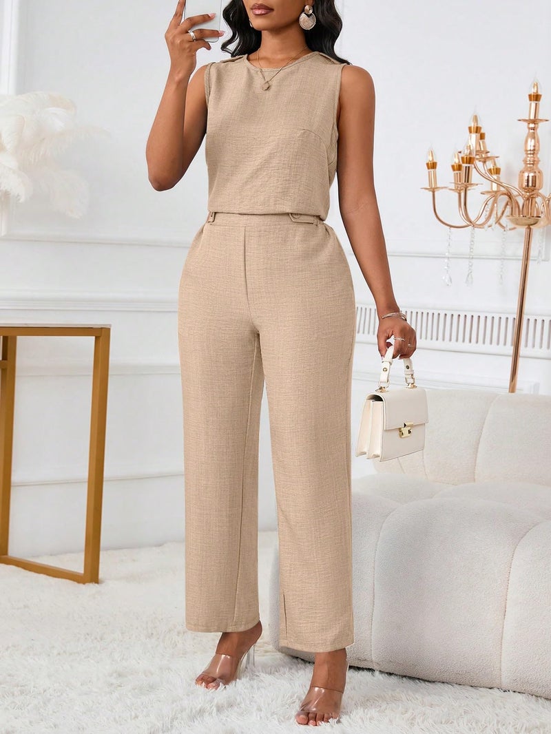 Floerns Women's 2 Piece Outfit Crew Neck Sleeveless Blouse and Dressy Pants Set Khaki Large - Image 4