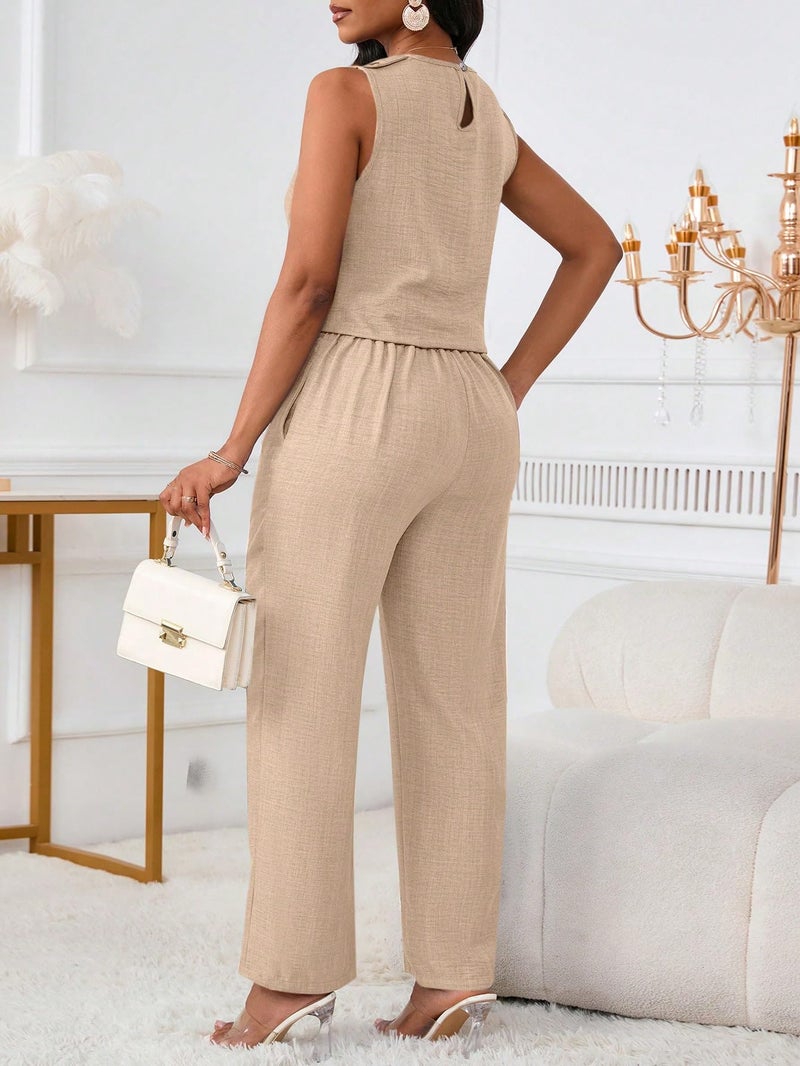 Floerns Women's 2 Piece Outfit Crew Neck Sleeveless Blouse and Dressy Pants Set Khaki Large - Image 3