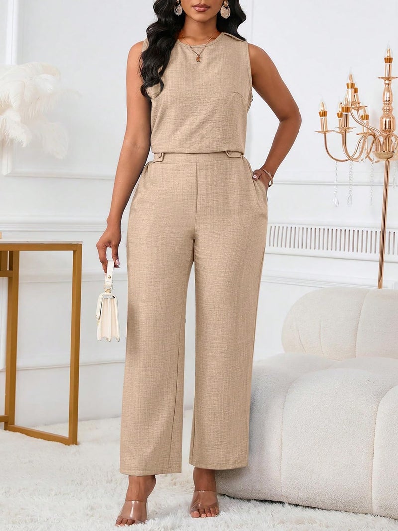 Floerns Women's 2 Piece Outfit Crew Neck Sleeveless Blouse and Dressy Pants Set Khaki Large - Image 5