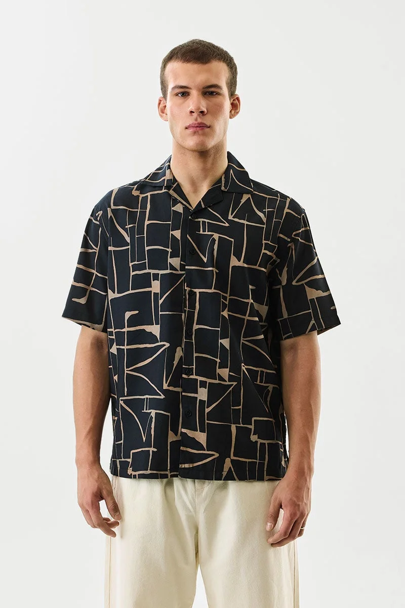 SNITCH Black Geometric Half Sleeve Boxy Shirt