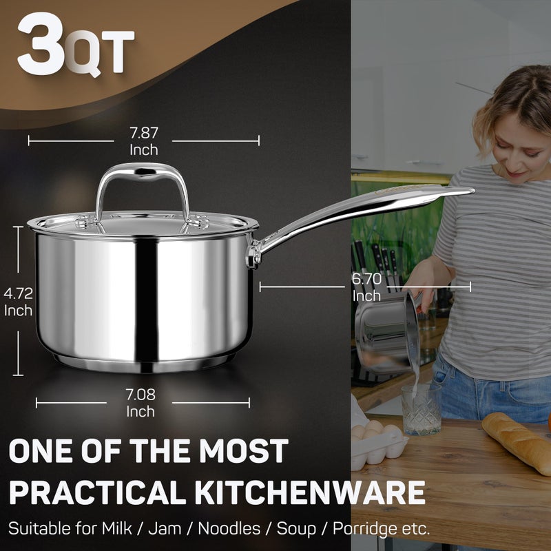 Ciwete 3 Qt Saucepan With Lid - Upgraded Package - 3 Quart 18/10 Stainless Steel Sauce Pan With Mirror Polishing And 2 Sacles  Induction Cookware  Small Pot For Cooking  Dishwasher Safe Oven Safe - Image 3