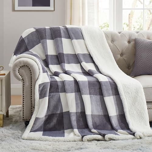 PU MEI Sherpa Blanket Fleece Throw Blanket Full Queen Plaid Thick Bed Blanket, Soft Warm Cozy Grey Checkered Throw Blanket 80"*90" - Image 1